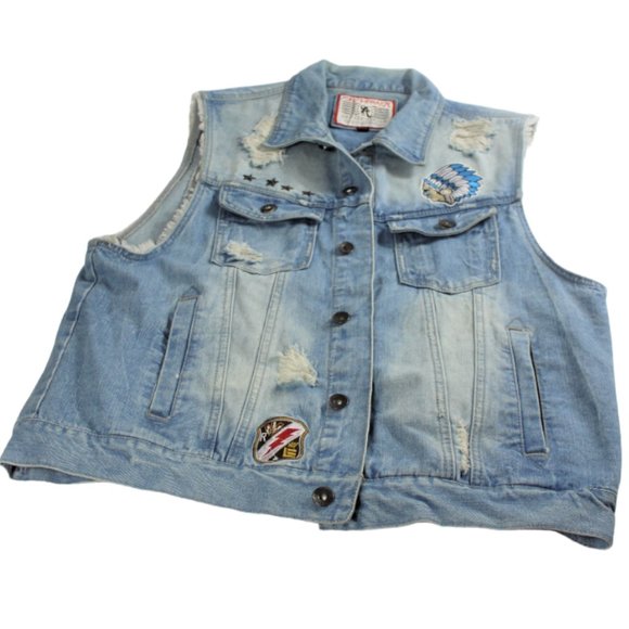 Jordan Craig Legacy Edition Distressed Biker Moto Blue Wash Denim Vest - Picture 5 of 8